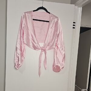 SHEIN Light Pink Satin Tie-Front Blouse